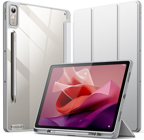 JETech Hülle für Lenovo Tab P12 12,7 Zoll (Modell 2023, TB370FU / TB371FU) mit Stylus Halter, Klar Transparente Harte PC-Rückseite, Tri-Fold Ständer Dünn Tablet Schutzhülle (Silber)