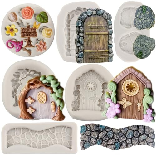 MYPRACS Enchanted Fairy Garden Fairy Gnome Home Door Silicone Mould Flower Leaf Mushroom Fondant Mould Stone Path Candy Mould for Cake Decorating Cupcake Topper Polymer Clay Set of 6