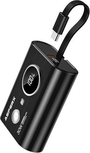 AsperX Power Bank 10000mAh,PD 30W Power Bank mit Eingebautem USB-C Input&Output Kabel Akkupack Mini Klein Aber Stark Externe Handyakkus Schnellladefunktion für iPhone 15 14 Serie