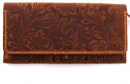 sayy Handgefertigtes Geldbörse Damen Mittelgroß Leder mit Handyfach, Groß Portemonnaie Reißverschluss mit Münzfach, Lange Slim Wallet for Women Geldbeutel Kartenhalter Portmonee Blumen (Kamel)