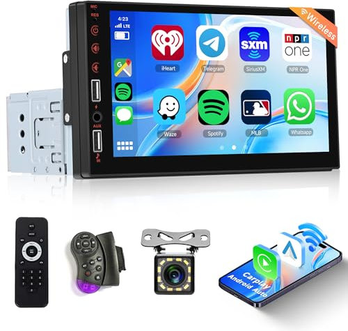 Rimoody Single Din Car Stereo with Wireless Carplay Android Auto 7 Inch Touch Screen 1 Din Car Radio Bluetooth Handsfree FM Radio Mirror Link USB Car Audio Receiver Backup Camera