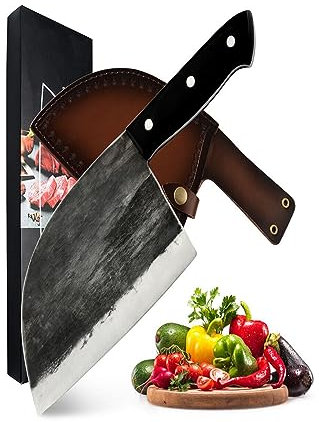 LIUJOU Couteau de chef Couteau de boucher Quan Tang Couteau de cuisine serbe en acier à haute teneur en carbone avec fourreau Couteau à viande et à légumes Cuisine Camping