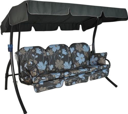 Angerer Hollywoodschaukel Ibiza – Schaukel zum Sitzen, Liegen & Entspannen, inkl. Bett-Funktion, einfache Montage, Made in Germany, hochwertiger Stoff, Grau-Blau-Beige geblümt
