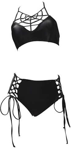 MEOWCOS Gothic Dark Style Badeanzug Schwarz Spinnennetz Brust Top Lace Up Bottom Zweiteiliger Badeanzug