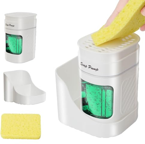 Kitchen Soap Dispenser with Sponge Holder,3-in-1 Dish Soap Dispenser Set,Equipped with Sponge, Suitable for Kitchen Sink, White