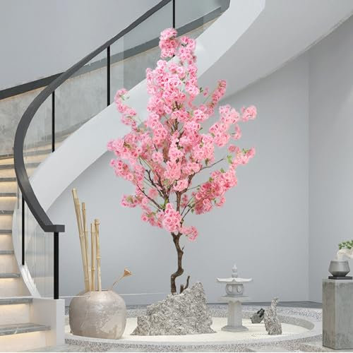 EXCLURA Kunstbaum Großer Künstlicher Kirschblütenbaum für Den Innenbereich, 200 cm Künstlicher Baum mit Rosa Kunstblumen, Künstliche Baumdekoration für Terrasse/Hof/Einkaufszentrum/Geschäft
