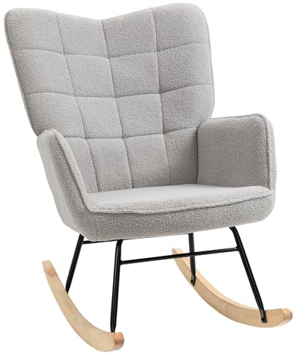 HOMCOM Gungstol, Skandinavisk, Gungstol, Stålstruktur, Massiva Träben, Ljusgrå, Lockig Ull, Hög Komfort, Solid Struktur, Böjd Träbas, Lutande Ryggstöd