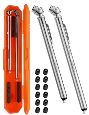 AstroAI Pencil Tire Pressure Gauge 2 Pack (10-75PSI, 10-120PSI ±2% Span), Valve Caps with Case, Stainless Steel Body, and Metal Made Nozzle 3 Measurements for Cars, Bikes, Vehicles, Pickups