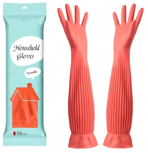 YONG-SHENG 55CM Cleaning Glove, Kitchen Dishwashing Glove, Heavy Duty Rubber Gloves, Waterproof Gloves, Non-slip and Corrosion-Resistant, Suitable for Housework Cleaning (Red, L)