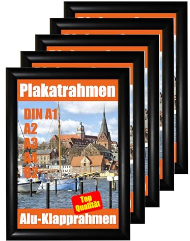Promo-Station GmbH 5er Pack DIN A1 Klapprahmen, Alu Klapprahmen 5x A1, 5 Stück Plakatrahmen A1, Posterrahmen, Wechselrahmen, Bilderrahmen, Rahmen, Gehrung Schwarz