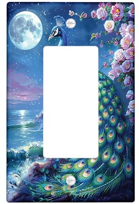 Peacock Light Switch Cover Plate,Moonlit Blue Floral Elegant Single Rocker Wall Plates, Spring Decorative Wall s,Standard Size Thermoplastic Plate Cover Single Rocker
