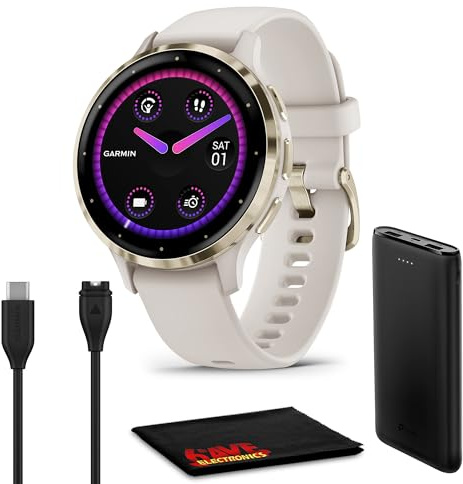 Garmin Venu 3S Montre intelligente avancée avec lunette en acier inoxydable doré souple avec boîtier ivoire et bracelet en silicone de 41 mm Écran tactile AMOLED 3,2 avec accessoires