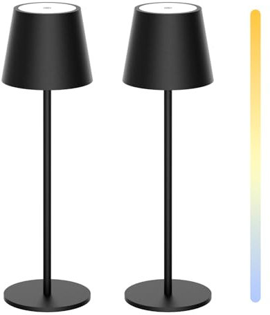 Howskys 2 Stück LED Kabellose Schreibtischlampe, 3 Farbtemperaturen dimmbare Schreibtischlampe, 5200mAh wiederaufladbare Akku Schreibtischlampe mit USB-C, Aluminium, IP54 Wasserdicht, Schwarz