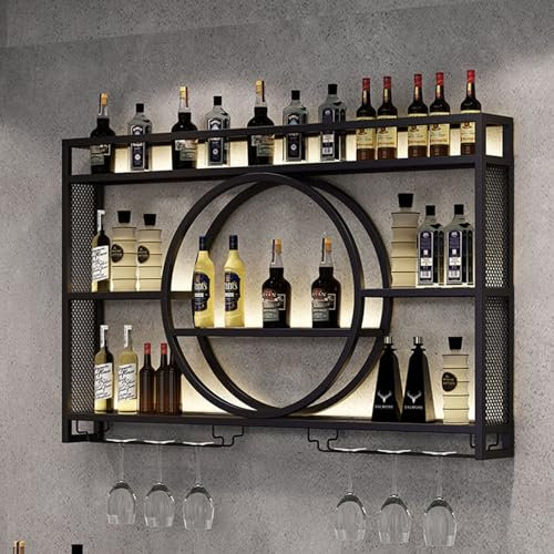 Upgrade Metal Wine Rack Wall Mounted Bar Shelves Wall Mounted With LED Light Iron Wine Shelf With Wine Glass Holder Wall Wine Racks,Bar Shelves For Liquor Bottles For Kitchen Living Room(Black,39.3in/