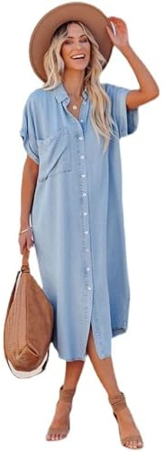 Placitiume Dam sommar vardaglig denim midi tunika klänning lös passform med handfickor, BLÅ, L
