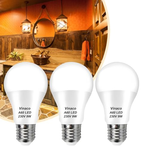 Vinaco Glühbirne E27, 3 Pack High Output LED Warmweiss 2700K 800LM 9W, Equivalent 60W Bulb, LED Birne No Flicker E27 Base, Non-Dimmable Leuchtmittel Long Lasting Throughout 25 Years