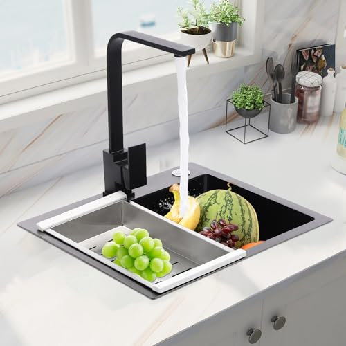 Küchenspüle, 40 x 45 cm Edelstahl-Küchenarmatur, Doppelwaschbecken, um 360° drehbarer Zubehör-Seifenspender, eingebaute Spüle, Wasserhahn kann um 180° gedreht werden, geeignet für Garagen, Waschküchen