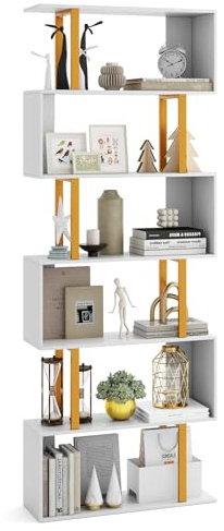COSTWAY 4/5/6-Tier Bookshelf, S-Shaped Bookcase Ladder Shelving Unit with Anti-tipping Kits, Freestanding Tall Storage Shelf Open Display Rack for Living Room & Office (70 x 24 x 189cm, White+Gold)