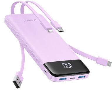 Charmast Portable Charger with Built in Cables, 10000mAh Slim Power Bank, 15W USB C in&Out Port High Speed Charging External Charger, Battery Pack Compatible with iPhone 16 15 13 Samsung Google iPad