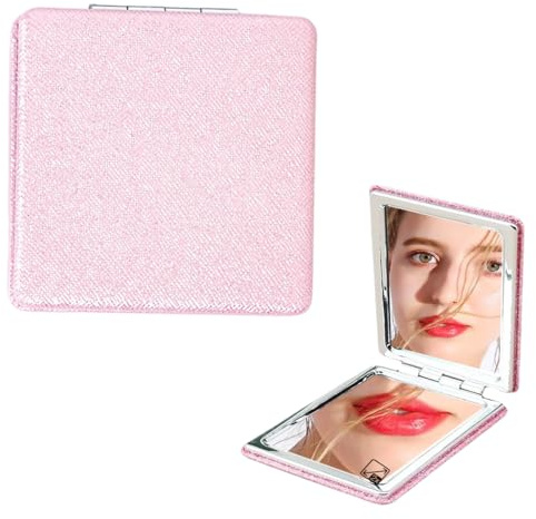 1 pezzo specchio tascabile portatile in PU, specchio pieghevole compatto da 72 mm per borsa, viaggi, make-up (rosa quadrato)