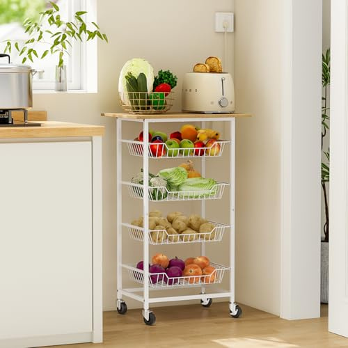 ThreeHio Kitchen Microwave Cart with Fruit Baskets, 5 Tier Microwave Table Stand with Fruit Vegetable Storage Small Rolling Cart on Wheels, Floor Organizers and Storage for Pantry Kitchen, Living Room