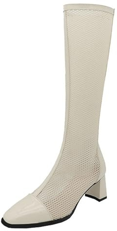 Gicoiz Mujer Punta Quadrada Chelsea Mesh Botas Hasta Las Rodillas Charol Boda Elegante Tacón Ancho Botas Hollow Out Botas de Montar Beige/Knee Talla 39 EU-40Cn