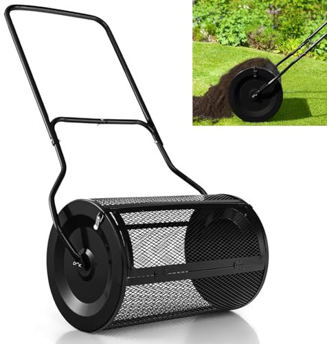 MZBDYYF Épandeur de compost, engrais de tourbe et de fumier, rouleau d'épandage de jardin avec poignée en forme de U et fermoirs latéraux, panier en maille métallique robuste