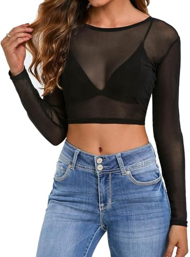 BARRU Hauts Transparents Femme T-Shirt à Manches Longues Top en Maille Sexy Blouse Sheer Mesh Elastique Chemise Noir Tulle Tenue de Moulante pour Soirée Club - Noir/S