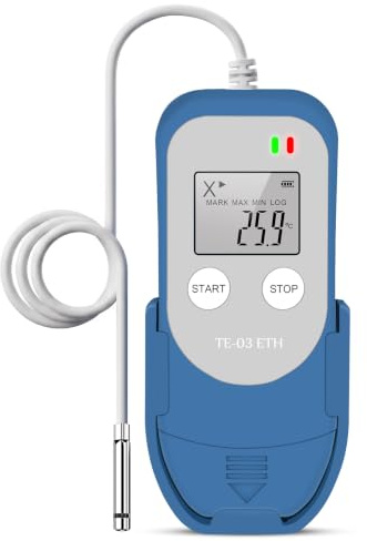 ThermElc TE-03 ETH Externer Datenlogger Temperatur Luftfeuchtigkeit mit Externer Sonde, MKT-Berechnung, 32.000 Punkte, Automatische PDF/CSV-Erstellung, Wiederverwendbarer USB-Recorder für Labore