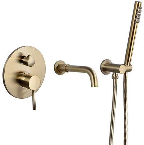Borstat guld väggmonterad badkarskran, 2 funktioner dold duschblandare med handdusch, mässingskonstruktion, elegant badrumsarmatur