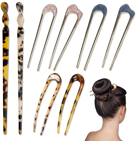 Piacolnic 10 Pcs French Hair Pin, 3 Styles Tortoise Acetate Hair Sticks, Vintage French Twist Hair Pin Hair Forks Hair Chopstick U Shape Updo Hairpins for Women Hairstyle Accessories