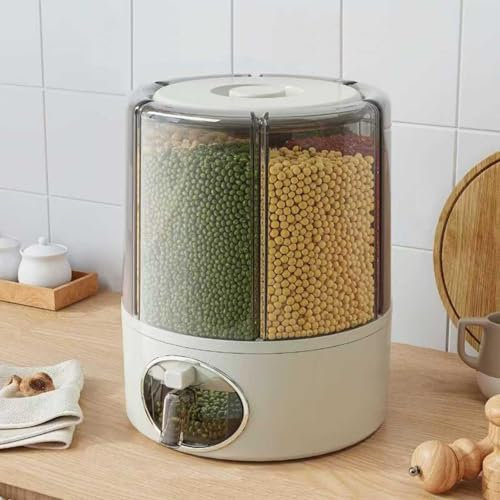 Contenedor de almacenamiento de granos giratorio de 360°, dispensador de arroz transparente de 6 compartimentos con salida de un solo clic, organizador hermético de alimentos secos para arroz