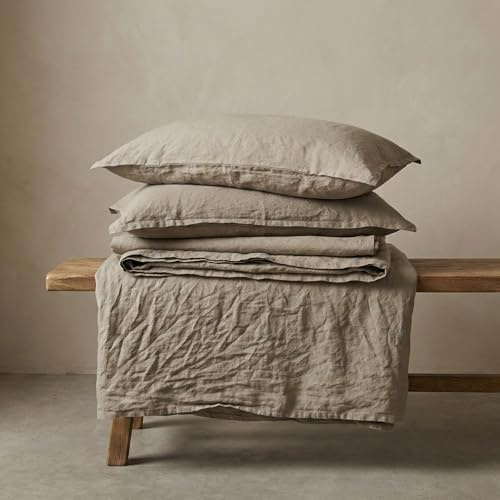 The Tangerine Store Pure Linen Luxe - Set di lenzuola in 100% lino naturale, traspiranti, ipoallergeniche, prelavate per una maggiore morbidezza, beige naturale, California king size