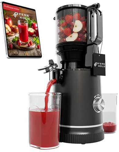 FERNHOLD Extractor de Zumos 250 W, Slow Juicer de Prensado en Frío con Tolva XXL de 130 mm para Frutas y Verduras Enteras | Sin BPA | Función Inversa | Incluye 2 Vasos, Cepillo y Recetas de Zumo