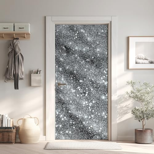Luxuriöse Hellgrau Glitzer Türaufkleber, Abstrakte Texture Türfolie Selbstklebende Fototapete, Minimalistische Fantasie Türposter Abnehmbar Türfolie PVC Für Tür Türaufkleber 100x200 cm bV4i11