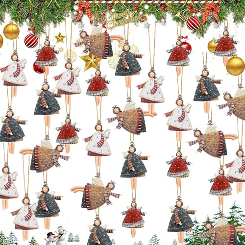 Fahibin 20 Pcs Angel Navideños de Madera, 4 Estilos Madera Adornos Arbol, Ángel De Navidad Colgante para Navideños y Fiestas