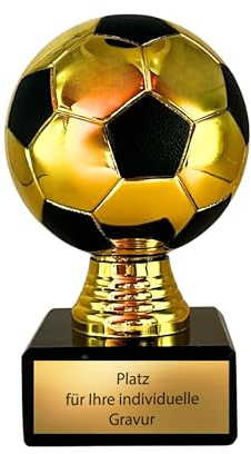 eberin Fußball Pokal 13 cm - Gold-Schwarz Trophäe mit Gravur & Marmorsockel | Preis für Turniere, Vereine & Schulen - Figur Ball aus Kunststoff - Inklusive Gravurschild - Maße 13 x 7.5 cm - 385 g schwer