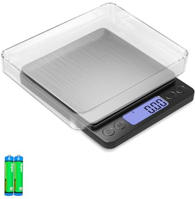 YONCON Digital Gram Scale, 500g/0.01g Accuracy, Small Size Kitchen Food Scale with 9 Units, Mini Jewelry Scale for Gold, Coins, Coffee, Powder, Includes 2 AAA Batteries and 2 Trays (Black)