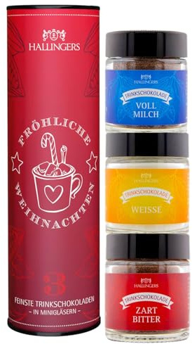 Hallingers Genuss Manufaktur Feinkost Weihnachts-Geschenk-Set - 3 Minigläser in edler Geschenkdose Fröhliche Weihn... Mitbringsel Trinkschoki drei Edelkakaos, Weihnachten für Frauen Männer