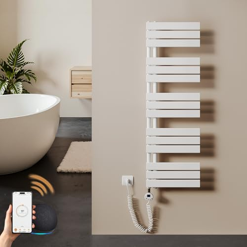 S'AFIELINA scaldasalviette Elettrico Bagno 1320×400mm Bianco, 600 W termoarredo Elettrico Bagno con WiFi e termostato, Timer 7×24 h, Protezione antigelo, LCD, Tubi Piatti Design scaldasalviette