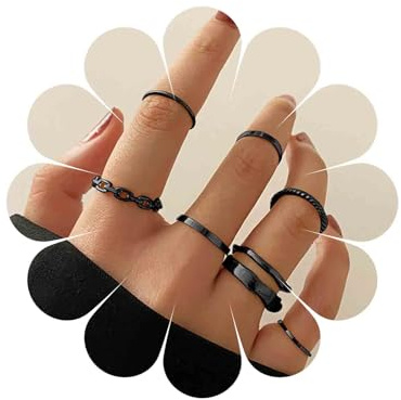 Lot 7 bagues noires femme, anneaux fin chaîne torsadé lisse style street