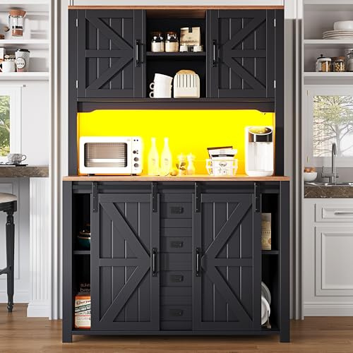 Oslghy Küchenschrank Hochschrank, Buffetschrank mit LED & Schiebetüren, Vorratsschrank Küche Hoch mit Verstellbares Regal & Schubladen, Vitrinenschrank für Küche, Wohnzimmer, 115×40×174.7cm (Schwarz)