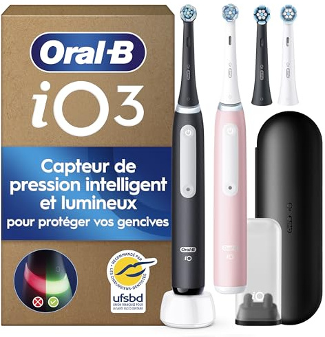 Oral-B iO Series 3 Elektrische Zahnbürste, Doppelpack, Schwarz/Rosa | Inkl. 4 Aufsteckbürsten, GUT GETESTET von STIFTUNG WARENTEST, Electric Toothbrush mit 3 Putzmodi für Zahnpflege