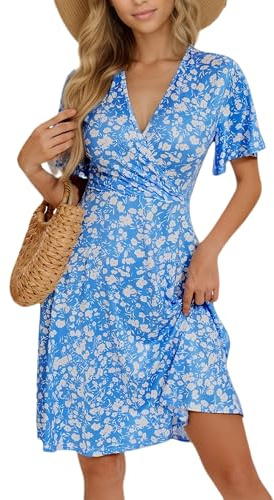 Oyamiki Summer Dresses for Women V Neck Sundress Casual Floral Beach Wrap Ruffle Short Sleeve Dress with Pockets