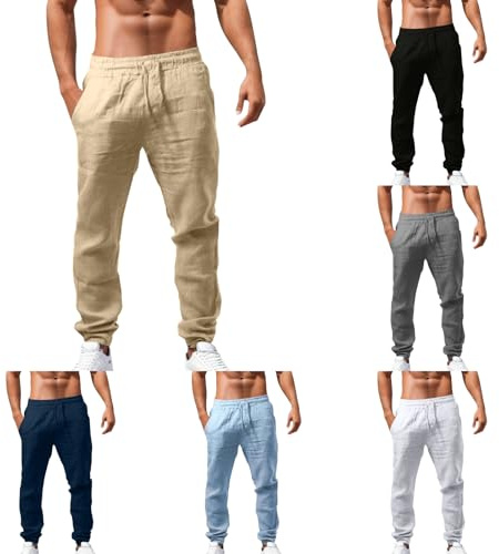 Pantalones ligeros de algodón y lino para hombre, pantalone de verano con cintura elástica, pantalones rectos transpirables, pantalón chino de playa de color sólido, pantalón casuales clásicos