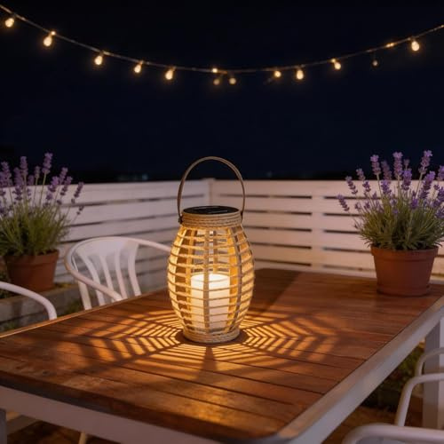 DJGIFI Solarlaterne für Außen Naturfaser 20cm, Solarlampe mit Lichtmuster | Warmweißes Licht zaubert Schattenmuster. Ideal für überdachte Terrasse, Balkon & Wohnzimmer.