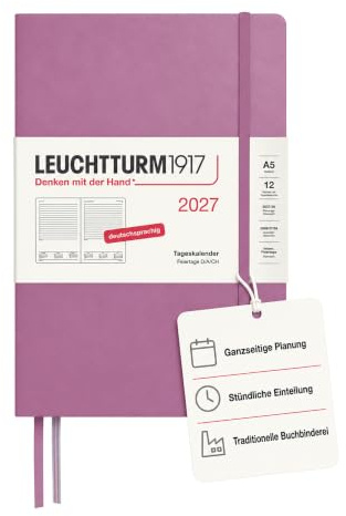 LEUCHTTURM1917 Tageskalender 2027 Medium (A5) - Deutsch, Dusty Rose, 145 x 210 mm, Januar-Dezember (12 Monate), 1 Seite pro Tag, Stundenraster 7:00-22:00, Hardcover, 80 g/m² Papier | Deutsch, 1 Seite pro Tag inkl. Sa/So, Stundenraster 7–22 Uhr, 464 Seiten, säurefrei, Falttasche, Lesezeichen