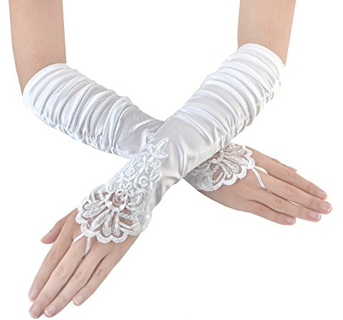 JISEN Women 20s Satin gloves Formal Bridal Banquet Party Wedding Opera Colorful Mitten Fingerless 15 Inch White