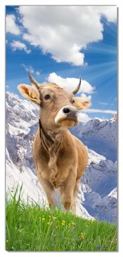 Wallario Selbstklebende Türtapete Kuh im Sonnenschein in den Alpen - Türposter 100 x 220 cm Abwischbar, rückstandsfrei zu entfernen