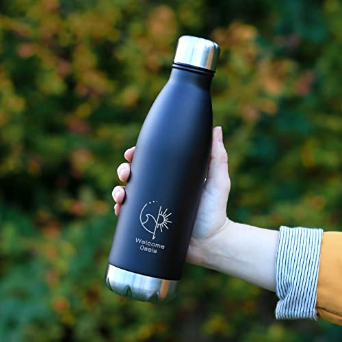eBuyGB Stainless Steel Water Bottle - Laser Engraved Custom Business, Company Logo, Design - Double Wall 500ml Insulated Vacuum Flask - 12 Hours Hot & 24 Hours Cold (Black)